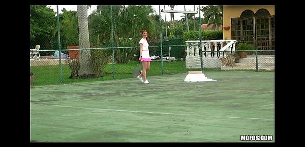 Pepping tom picks up a SEXY redhead for sex on the tennis court